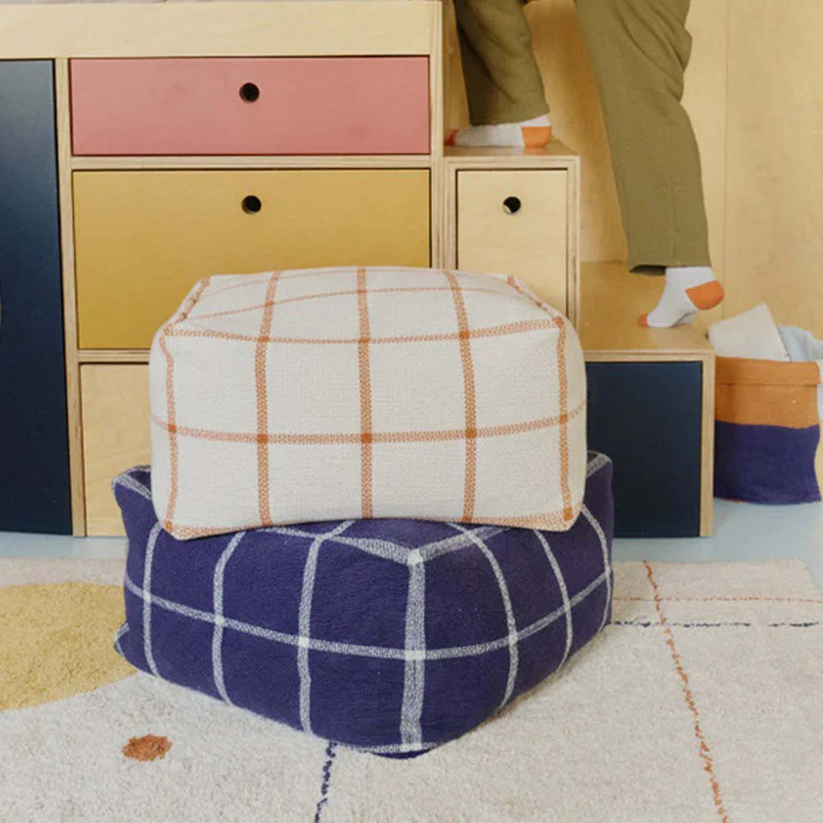 Geo Block Pouf by Lorena Canals, showing geo block pouf in live shot.