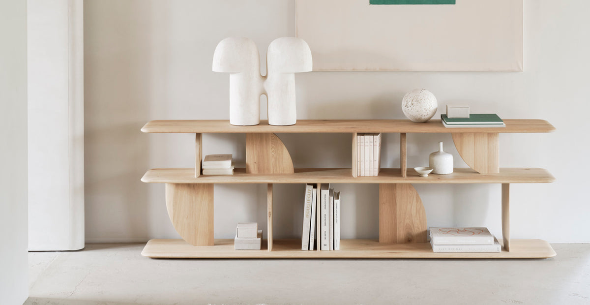 Geometric Sofa Console by Ethnicraft, showing geometric sofa console in live shot.