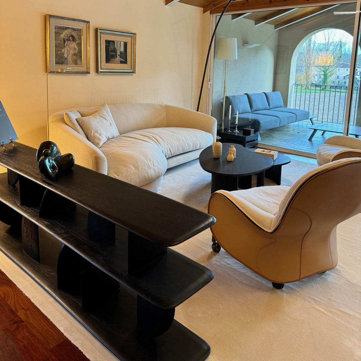 Geometric Sofa Console by Ethnicraft, showing geometric sofa console in live shot.