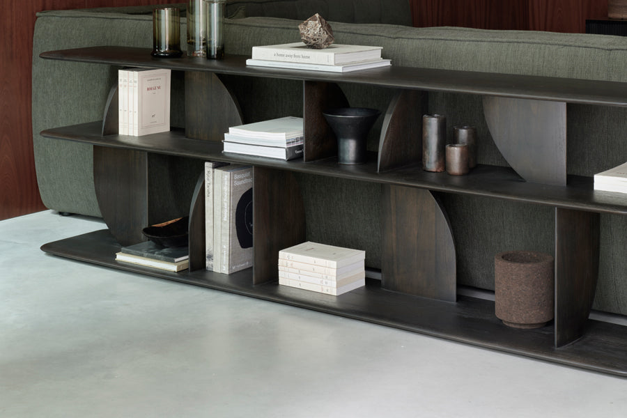 Geometric Sofa Console by Ethnicraft, showing closeup view of geometric sofa console in live shot.