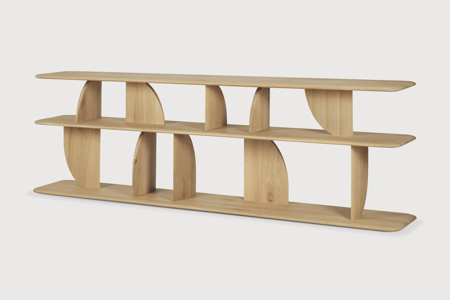 Geometric Sofa Console by Ethnicraft, showing angle view of geometric sofa console in studio shot.