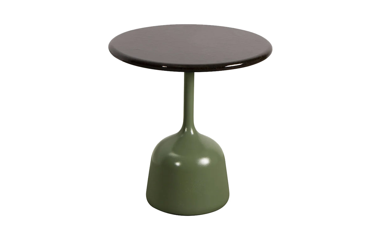 Glaze Coffee Table by Cane-Line - Small Round, Olive Green Aluminum, Black Lava Glazed Stone.