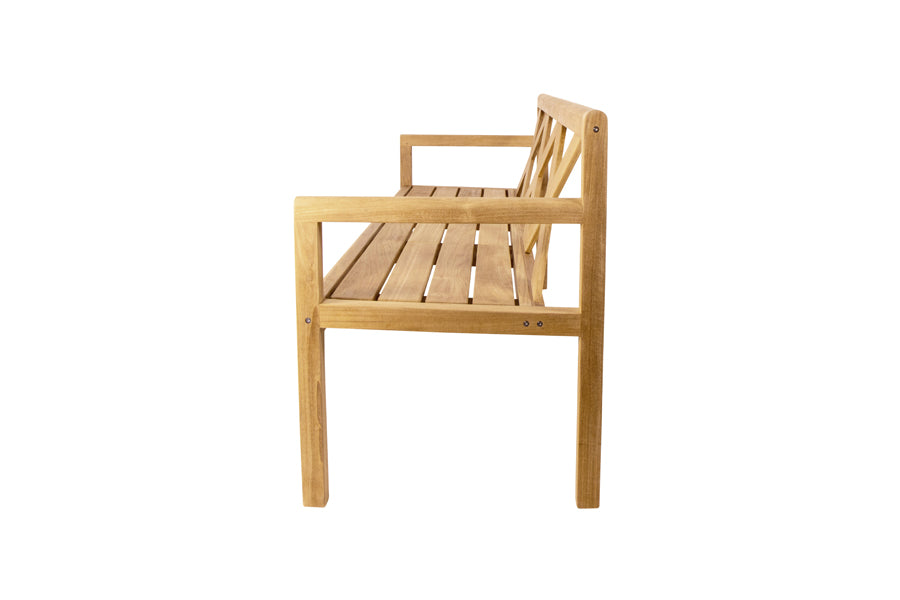 Grace Bench by Cane-Line, showing side view of grace bench in 3-seater/teak.