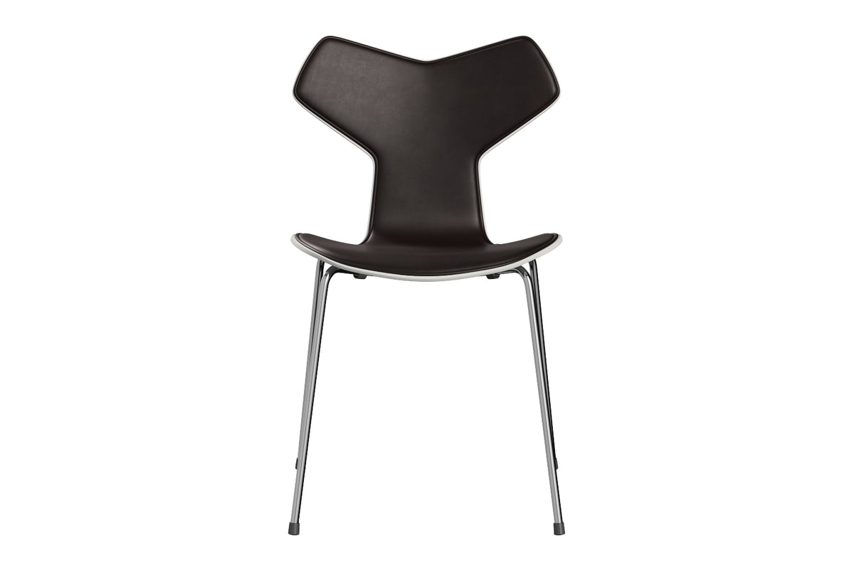 Grand Prix Front Upholstery 16.93" High Seat Chair by Fritz Hansen, showing front view of grand prix front upholstery 16.93" high seat chair in chrome powder coated steel/colored ash veneer wood shell group.