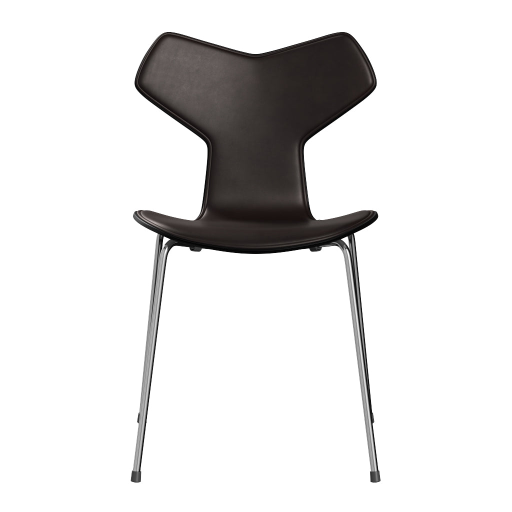 Grand Prix Front Upholstery 18.11" High Seat Chair by Fritz Hansen, showing front view of grand prix front upholstery 18.11" high seat chair in chrome powder coated steel/lacquered veneer wood shell group.
