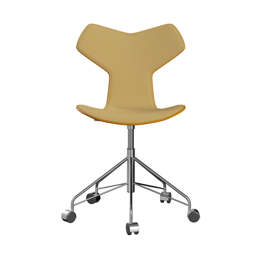 Grand Prix Front Upholstery Swivel Chair by Fritz Hansen, showing front view of grand prix front upholstery swivel chair in chrome powder coated steel/colored ash veneer wood shell group/christianshavn group.