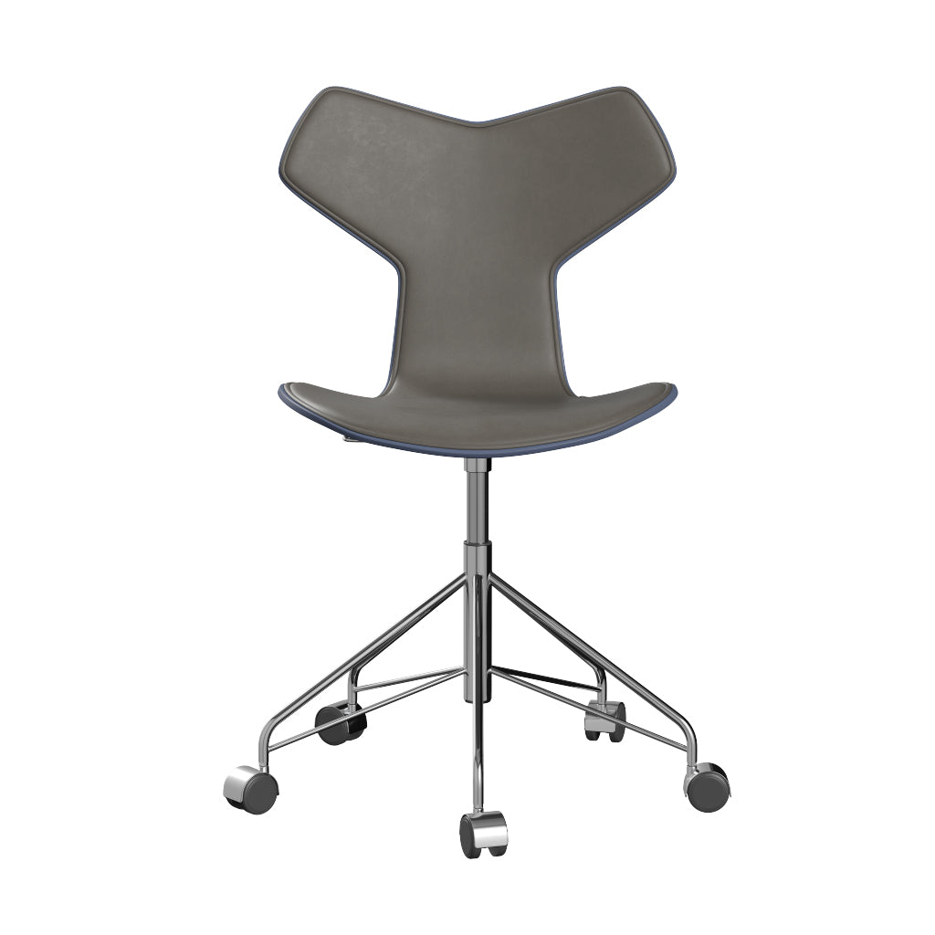 Grand Prix Front Upholstery Swivel Chair by Fritz Hansen, showing front view of grand prix front upholstery swivel chair in chrome powder coated steel/lacquered veneer wood shell group/category 3.