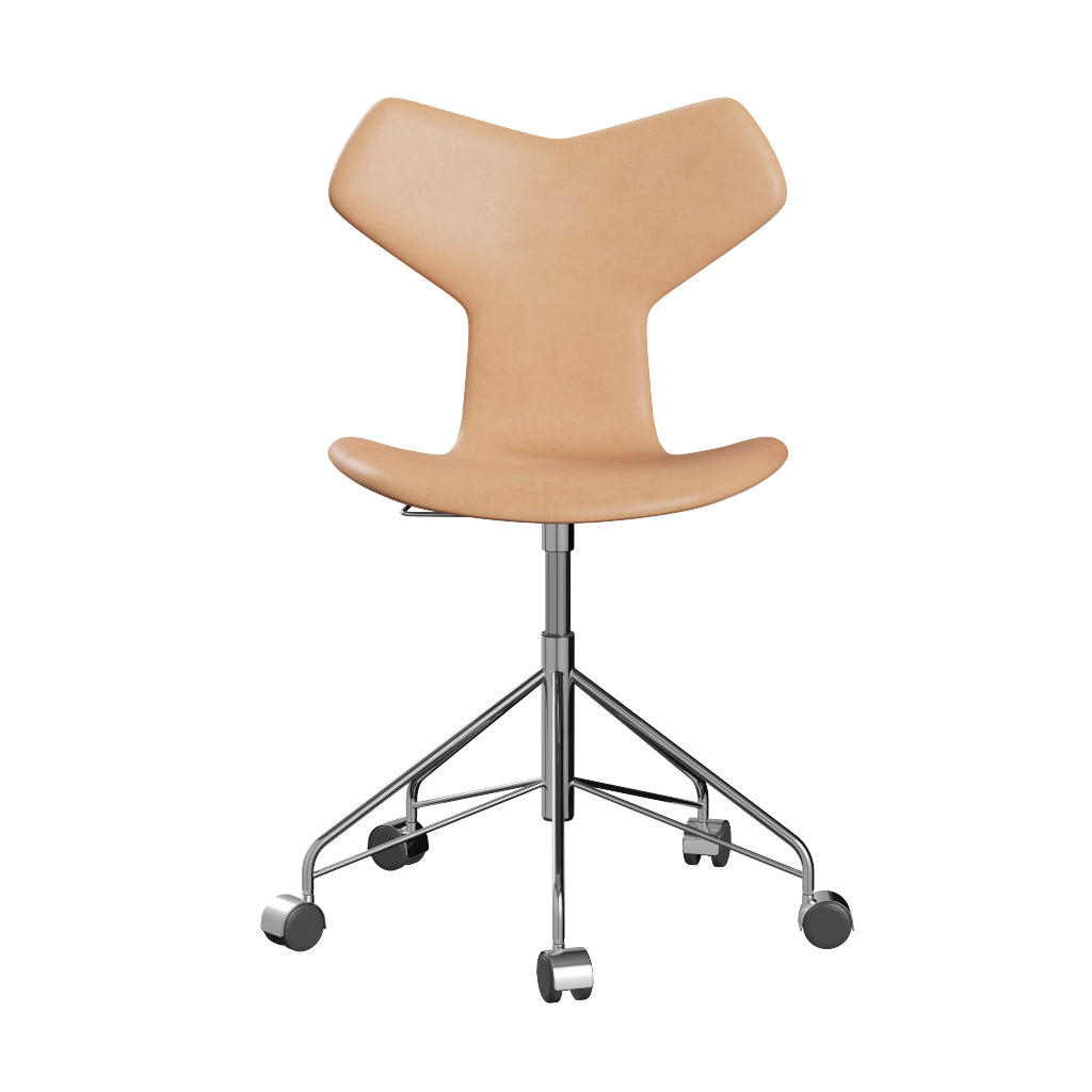 Grand Prix Full Upholstery Swivel Chair by Fritz Hansen, showing front view of grand prix full upholstery swivel chair in chrome powder coated steel/category 5.