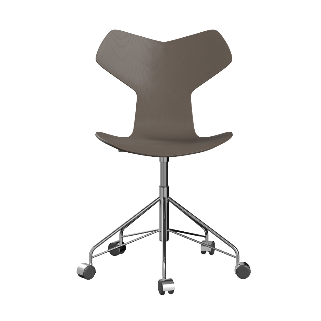 Grand Prix Swivel Chair by Fritz Hansen, showing front view of grand prix swivel chair in chrome powder coated steel/colored ash veneer wood shell group.