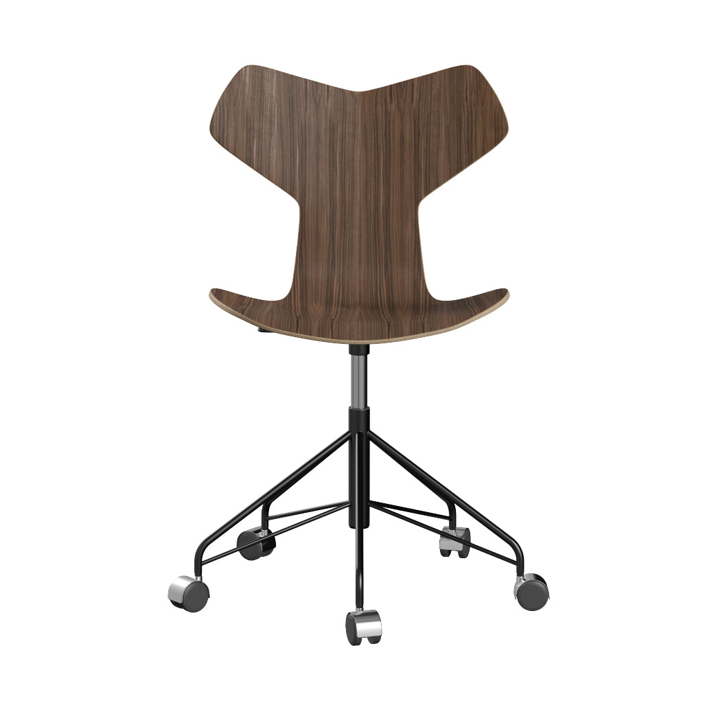 Grand Prix Swivel Chair by Fritz Hansen, showing front view of grand prix swivel chair in powder coated tubular steel group/natural veneer wood shell group.