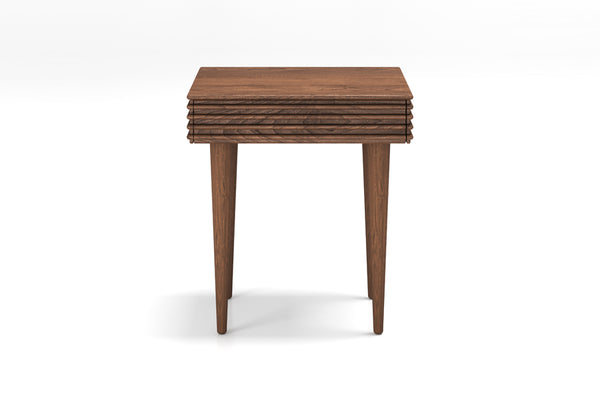 Groove Night Table With Legs by DK3, showing front view of groove night table with legs in smoked oak wood.