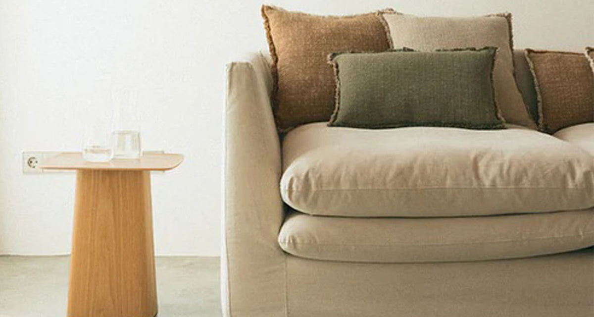 Handloom Cushion by Lorena Canals, showing handloom cushion in live shot.