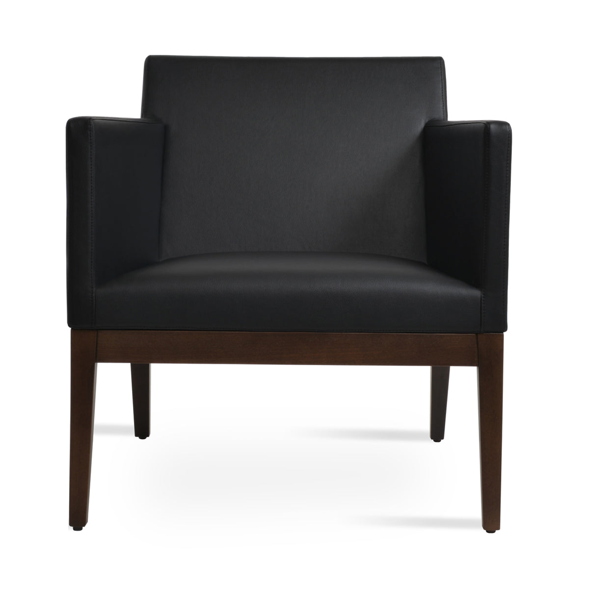 Harput Small Lounge Wood Armchair by SohoConcept, showing front view of harput small lounge wood armchair in black leatherette.
