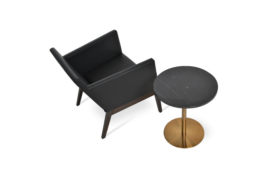 Harput Small Lounge Wood Armchair by SohoConcept, showing top view of harput small lounge wood armchair in black leatherette with table.
