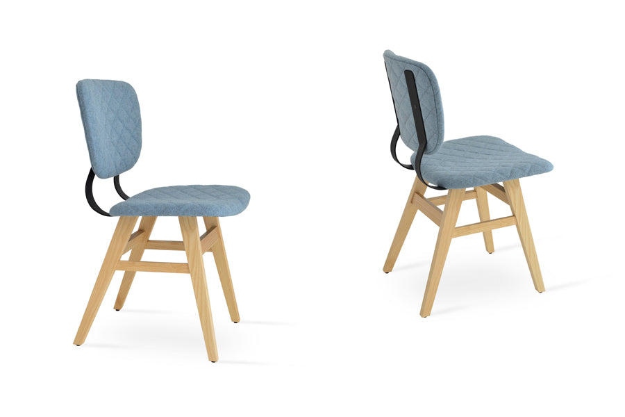 Hazal Dining Chair by SohoConcept, showing different angles of hazal dining chairs in solid ash wood natural/black powder back set/camira blazer smoke blue quilted wool.