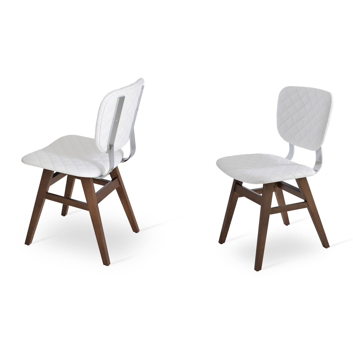 Hazal Dining Chair by SohoConcept, showing different angles of hazal dining chairs in solid beech wood walnut/chrome back set/white quilted leatherette.
