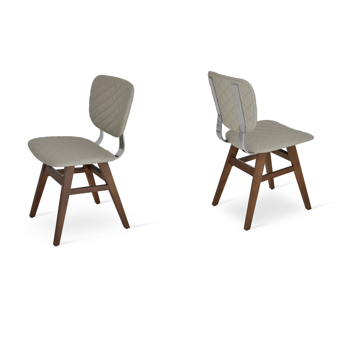 Hazal Dining Chair by SohoConcept, showing different angles of hazal dining chairs in solid beech wood walnut/chrome back set/light grey quilted leatherette.