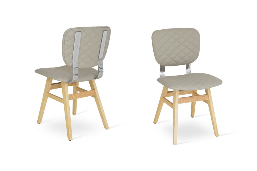 Hazal Dining Chair by SohoConcept, showing different angles of hazal dining chairs in solid ash wood natural/chrome back set/light grey quilted leatherette.