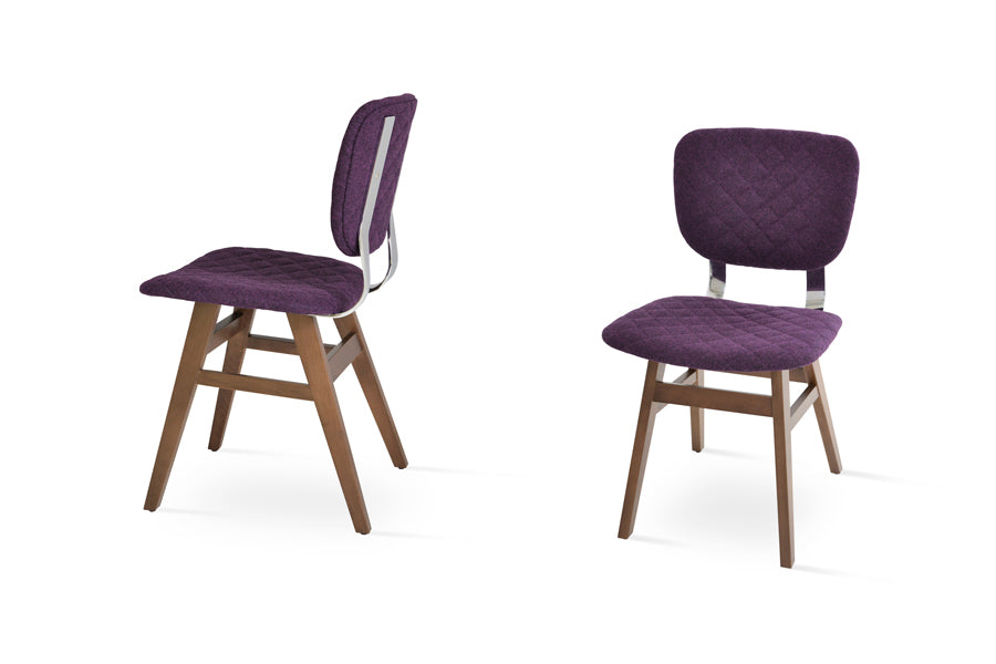 Hazal Dining Chair by SohoConcept, showing different angles of hazal dining chairs in solid beech wood walnut/chrome back set/camira blazer deep maroon quilted wool.