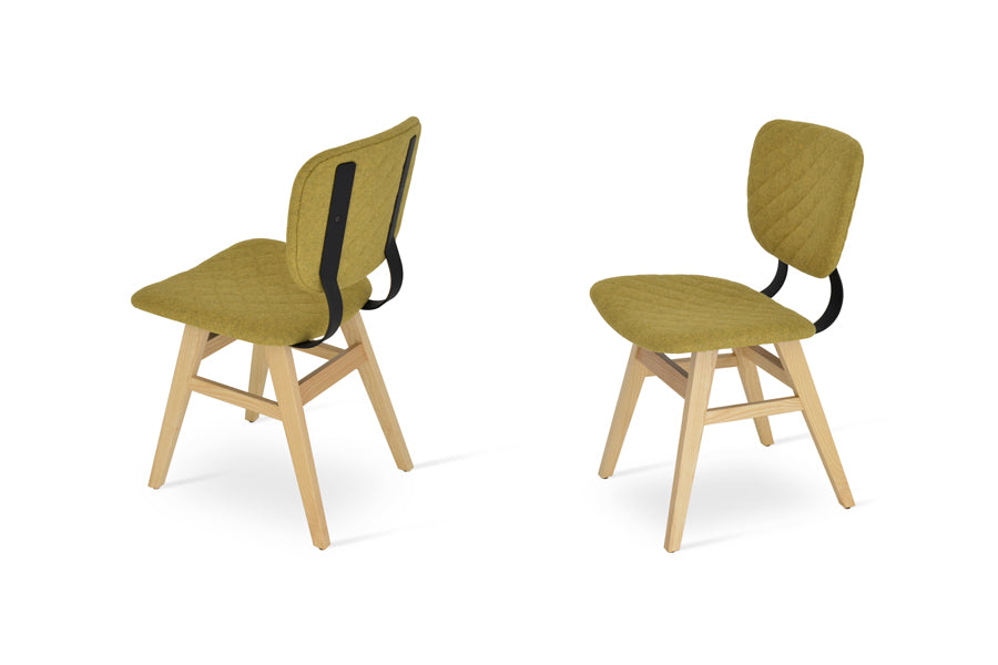 Hazal Dining Chair by SohoConcept, showing different angles of hazal dining chairs in solid ash wood natural/black powder back set/camira blazer amber quilted wool.