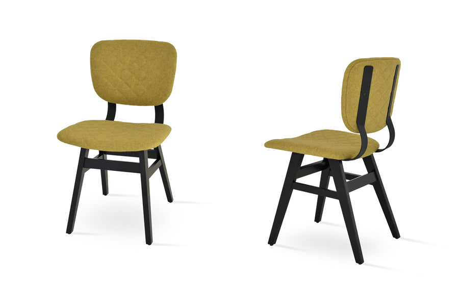 Hazal Dining Chair by SohoConcept, showing different angles of hazal dining chairs in solid beech wood wenge/black powder back set/camira blazer amber quilted wool.