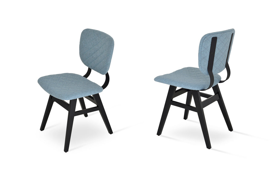 Hazal Dining Chair by SohoConcept, showing different angles of hazal dining chairs in solid beech wood wenge/black powder back set/camira blazer smoke blue quilted wool.