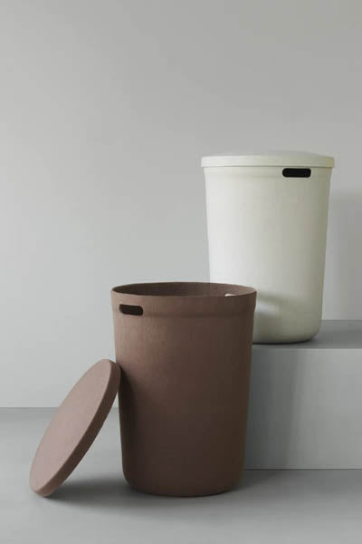 Hide Laundry Basket by Normann Copenhagen, showing hide laundry basket in live shot.