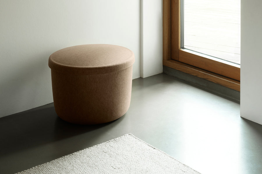 Hide Storage Pouf by Normann Copenhagen, showing hide storage pouf in live shot.