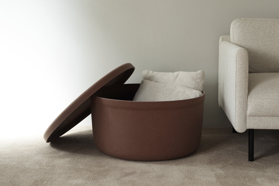 Hide Storage Pouf by Normann Copenhagen, showing hide storage pouf in live shot.