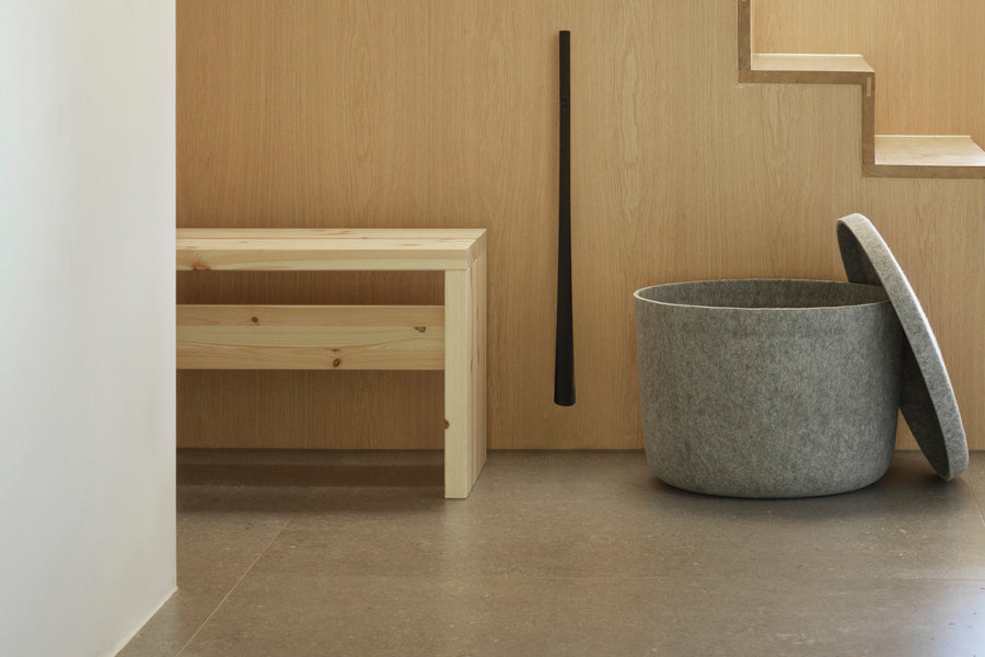 Hide Storage Pouf by Normann Copenhagen, showing hide storage pouf in live shot.