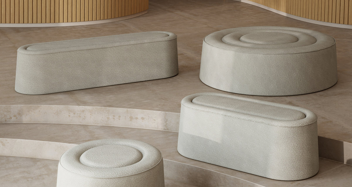 Praline Bench by Woud, showing praline bench in live shot.