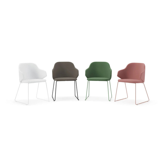 Host Arm Chair by Kollektiff, showing different angle view of host arm chairs in 4-legged (guest)/painted steel/upholstery.