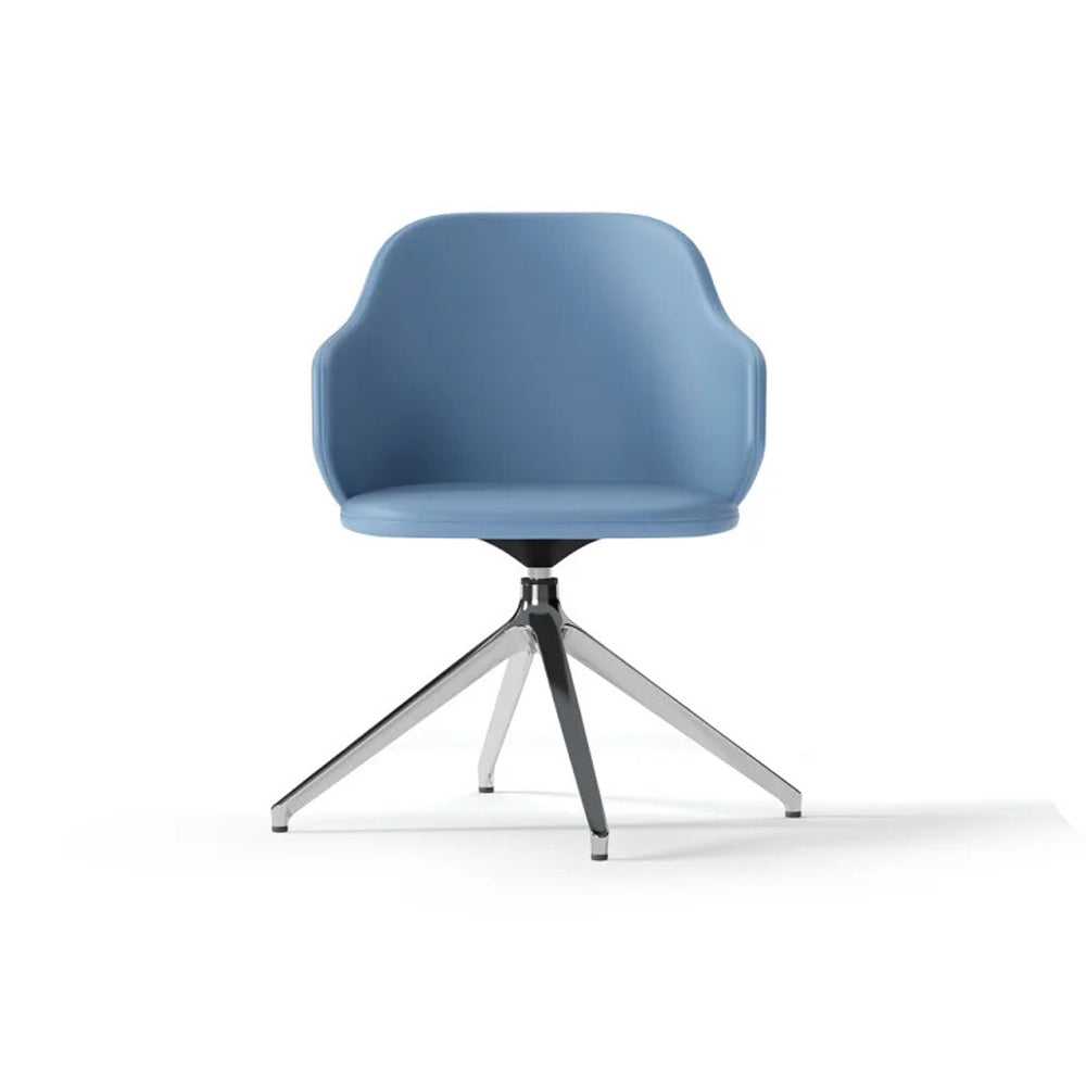 Host Swivel Arm Chair by Kollektiff, showing front view of host swivel arm chair in polished aluminum/upholstery group.