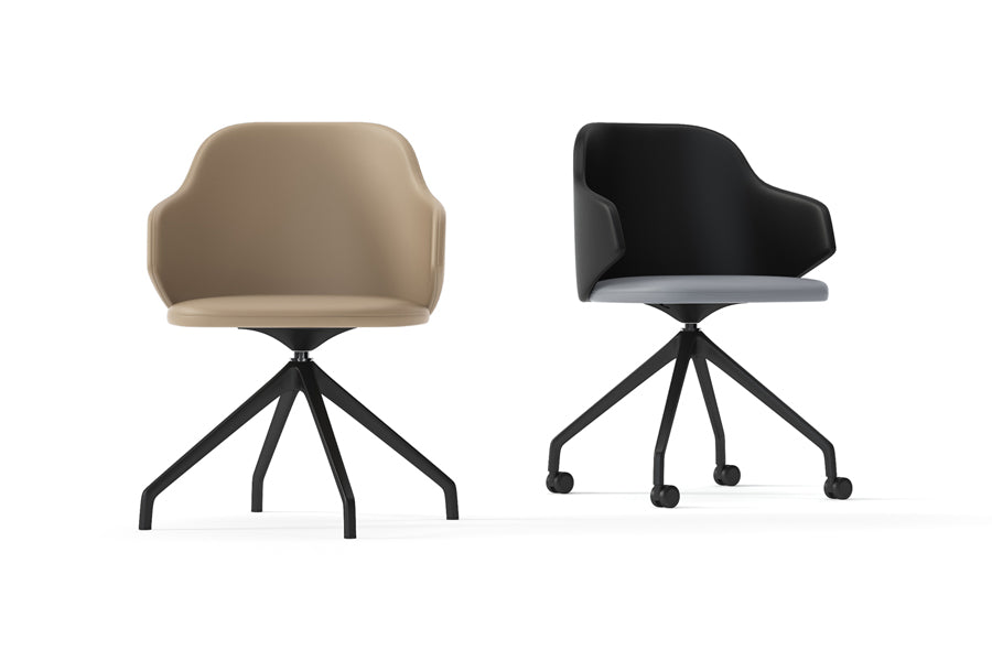 Host Swivel Arm Chair by Kollektiff, showing front view of host swivel arm chair in black aluminum/upholstery group.