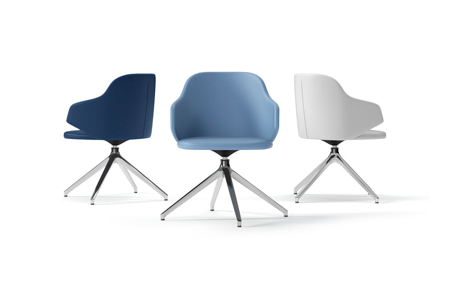 Host Swivel Arm Chair by Kollektiff, showing different angle view of host swivel arm chairs in polished aluminum/upholstery group.