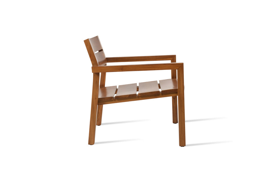 Hrant Lounge Armchair by SohoConcept, showing side view of hrant lounge armchair in teak wood/no seat cushion.