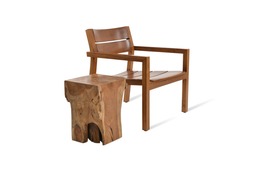 Hrant Lounge Armchair by SohoConcept, showing angle view of hrant lounge armchair in teak wood/no seat cushion with table.