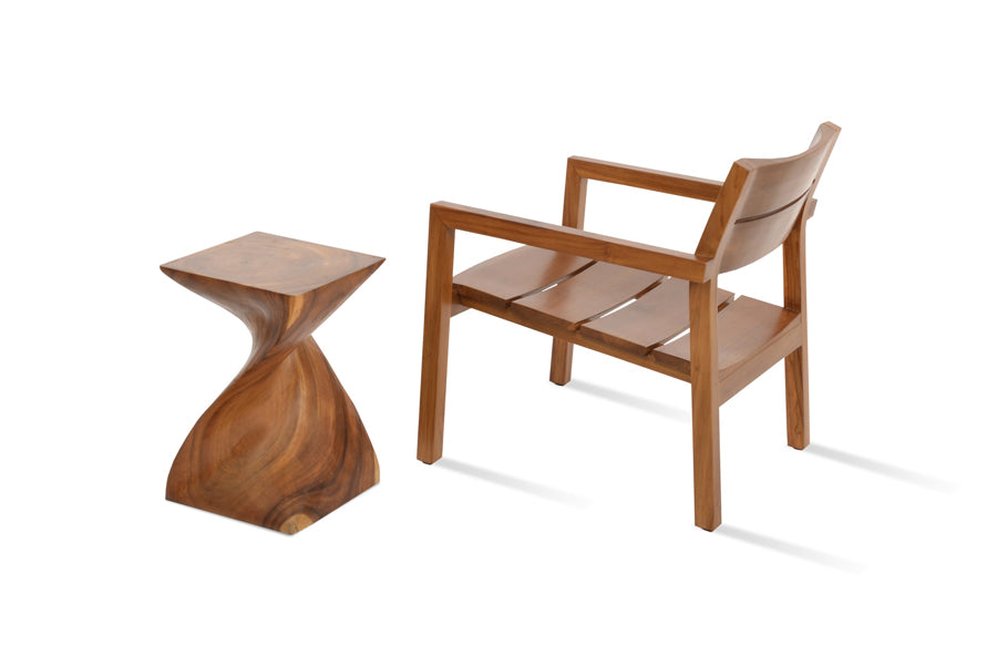 Hrant Lounge Armchair by SohoConcept, showing back-angle view of hrant lounge armchair in teak wood/no seat cushion with table.