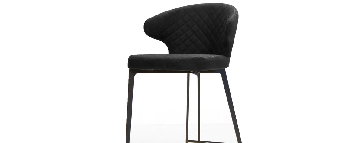 Hug Counter Stool by Mobital, showing closeup view of hug counter stool in coal fabric/black powder coated legs.