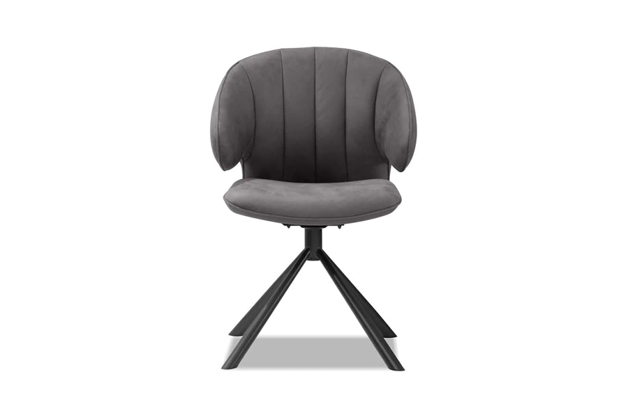 Hugo Swivel Dining Chair by Mobital, showing front view of hugo swivel dining chair in pewter ultra suede return swivel/black powder coated legs.