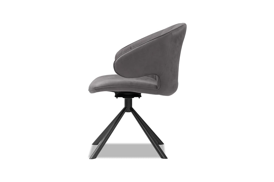Hugo Swivel Dining Chair by Mobital, showing side view of hugo swivel dining chair in pewter ultra suede return swivel/black powder coated legs.