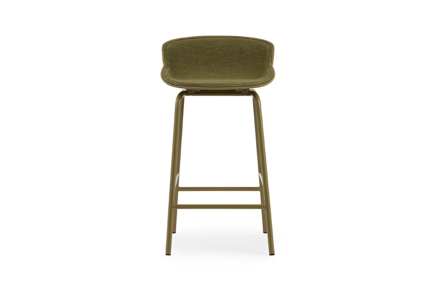Hyg Front Upholstery Steel Barstool by Normann Copenhagen, showing front view of hyg front upholstery steel barstool in 26" seat height/olive shell seat & olive powder coated steel legs/group 2.