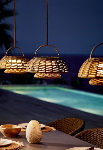 Illusion Hanging Lamp by Cane-Line, showing illusion hanging lamps in live shot.