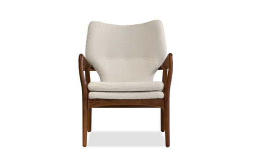 Ingrid Occasional Chair by Mobital, showing front view of ingrid occasional chair in cream boucle fabric/walnut ash frame.