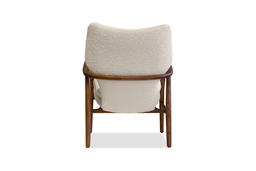 Ingrid Occasional Chair by Mobital, showing back view of ingrid occasional chair in cream boucle fabric/walnut ash frame.