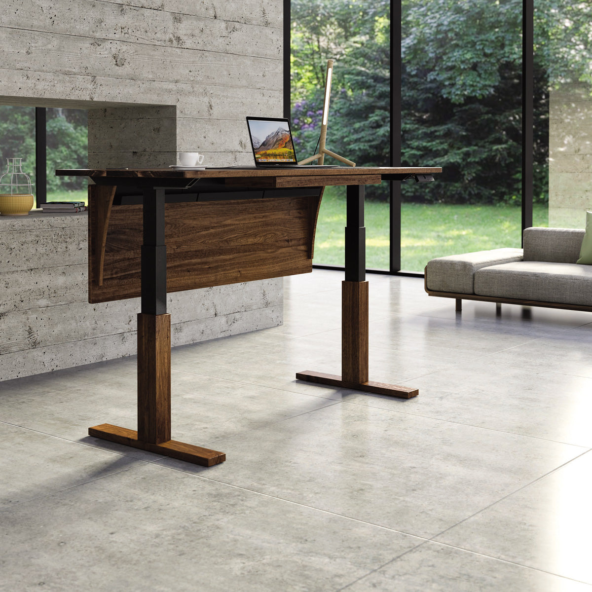 Invigo 26" x 72" Sit-Stand Desks Rounded Rectangle with Cutout/Wire Pass Grommet (Left) by Copeland Furniture, ,showing invigo 26" x 72" sit-stand desks rounded rectangle with cutout/wire pass grommet (left) in live shot.