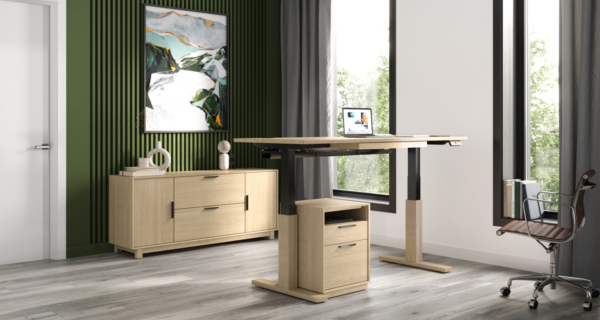 Invigo 30" x 48" Sit-Stand Rectangle Desk with Cutout Wire Pass Grommet (Right) by Copeland Furniture, showing invigo 30" x 48" sit-stand rectangle desks with cutout wire pass grommet (right) in live shot