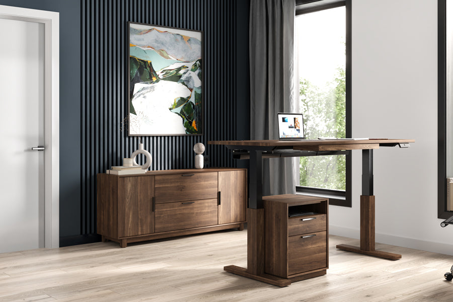 Invigo 30" x 72" Sit-Stand Rectangle Desk with Cutout Wire Pass Grommet (Right) by Copeland Furniture, showing invigo 30" x 72" sit-stand rectangle desk with cutout wire pass grommet (right) in live shot