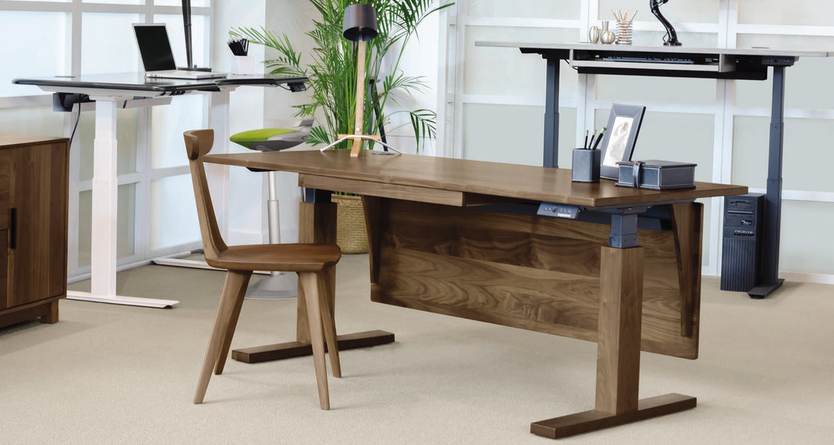Invigo 30" x 72" Sit-Stand Rectangle Desk with Cutout Wire Pass Grommet (Right) by Copeland Furniture, showing invigo 30" x 72" sit-stand rectangle desk with cutout wire pass grommet (right) in live shot