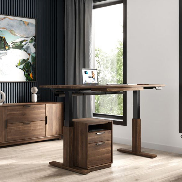 Invigo Large Sit-Stand Rectangle Desk with Cutout Wire Pass Grommet (Left) by Copeland Furniture, showing invigo large sit-stand rectangle desk with cutout wire pass grommet (left) in live shot.